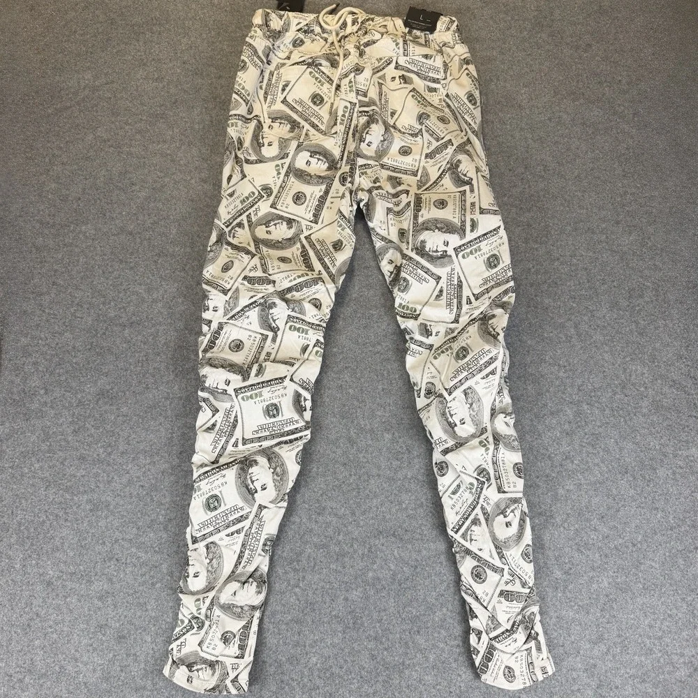 American Bazi Dollar Print Shirred Jogger Pants Mens Large L Stacked Money NWT